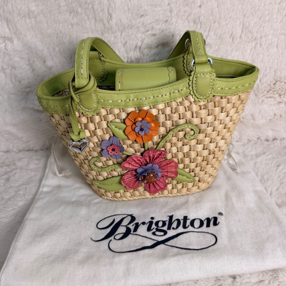 Brighton Woven Straw Floral Applique Tote Lime Green Leather Trim Small Basket